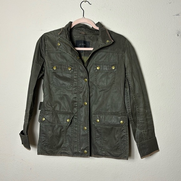 J. Crew Dark Olive Waxed Cotton Field Jacket Snap Button Zipper Down size Small - Picture 12 of 12